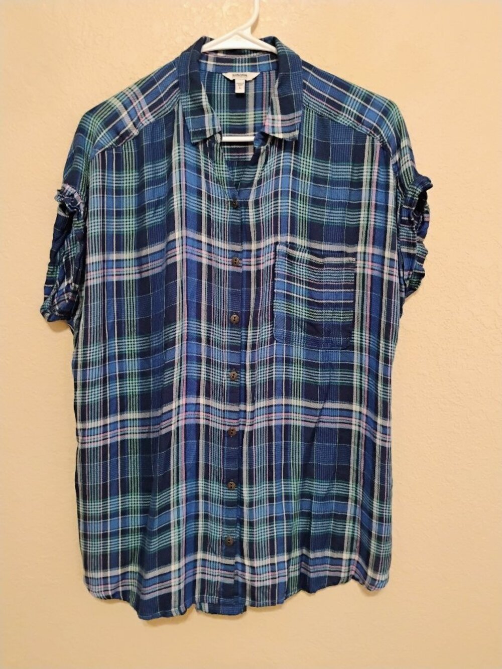 Sonoma L Blue Plaid Button Down Shirt Short Sleeve Casual